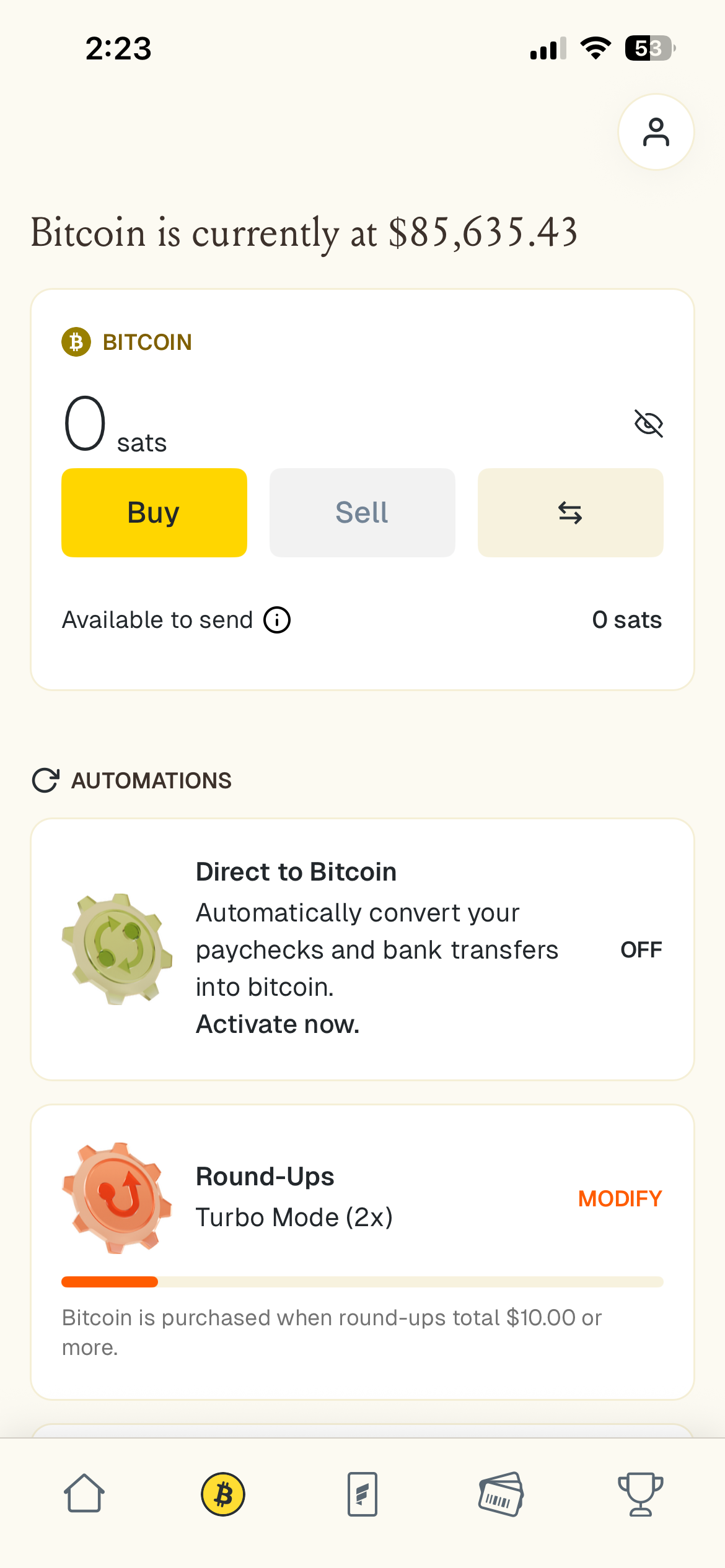Bitcoin home screen showing Buy/Sell/Transfer buttons and Automations section